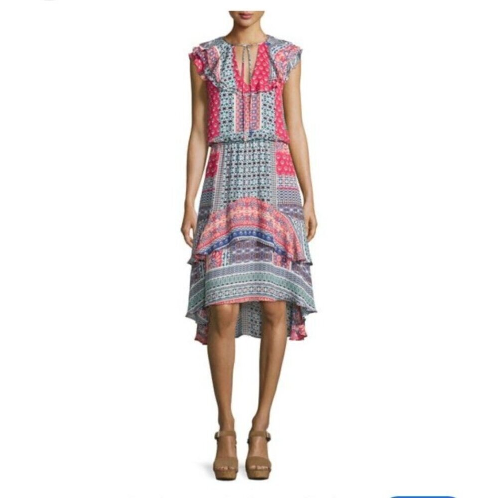 Parker Ruffle Sleeveless Mixed Print Red Blue Dress Hi Lo V-Neck Size Small Red